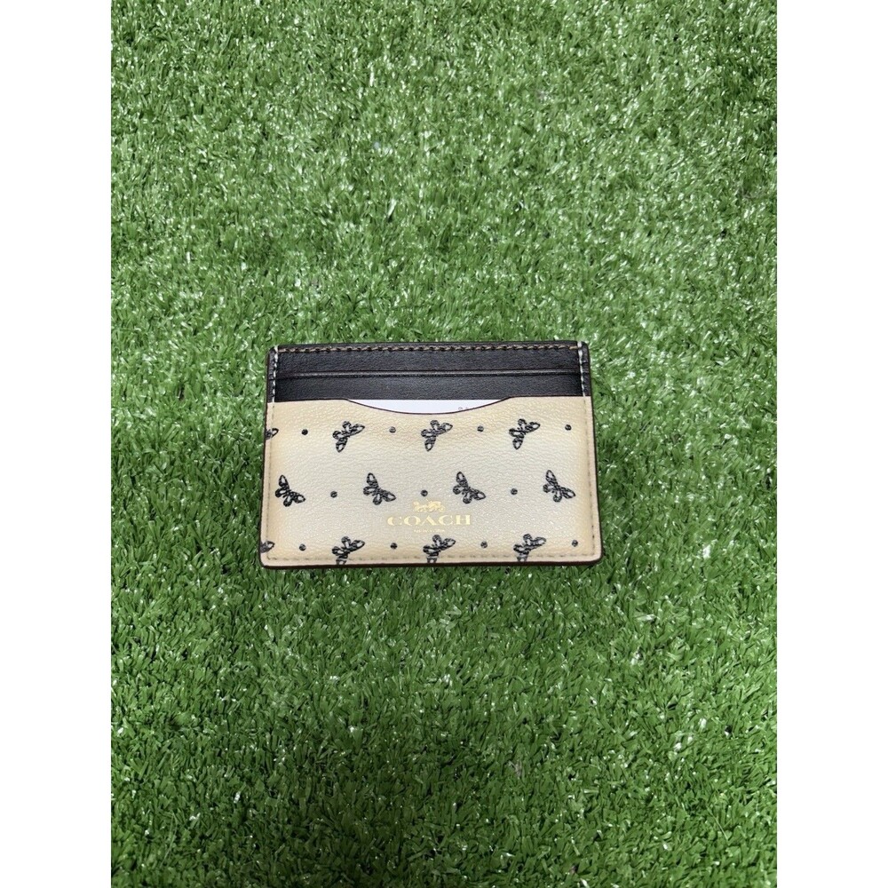 Womens Coach Butterfly Print Leather Slim Card Case Wallet Beige/Black